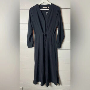Soft Surroundings Black Button Down Shirt Dress Tie Waist w/ Button Tab Sleeves